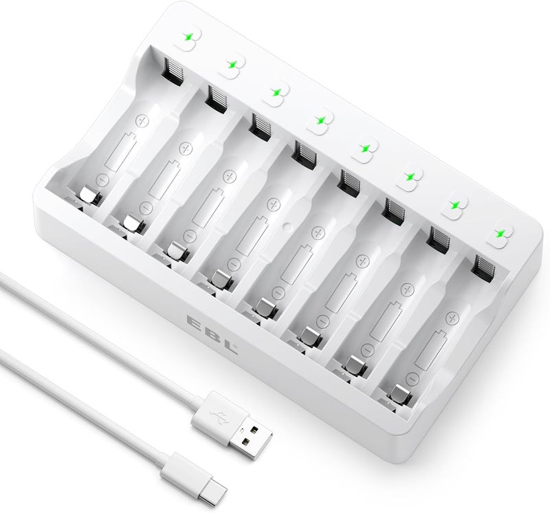 EBL 8 Bay AA AAA Battery Charger for NiMH NiCD Rechargeable Batteries,USB High-Speed Charging, Independent Slot, Smart Charge and Extend Battery Life - Image 1